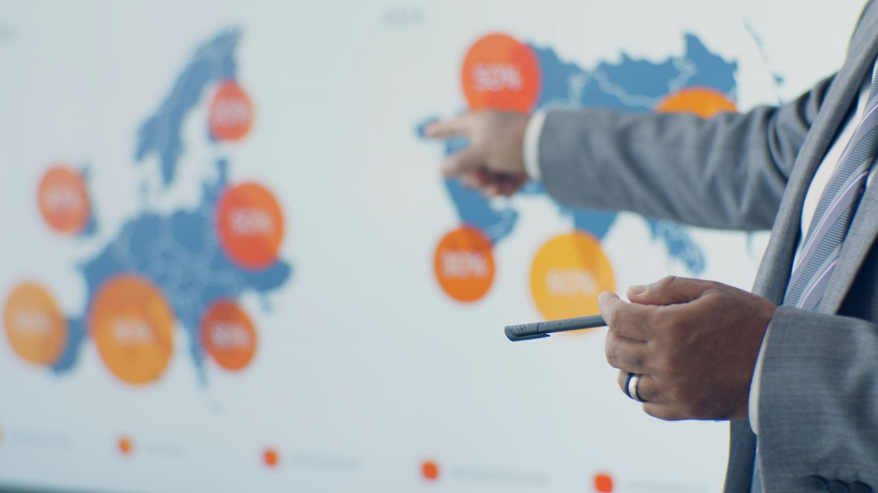 Services Professional presenting detailed analytics on European map during office meeting.